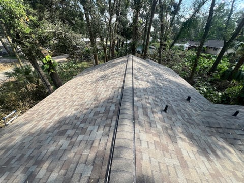 Aerial view of a residential roof with gray shingles lined with metal flashing, surrounded by tall trees